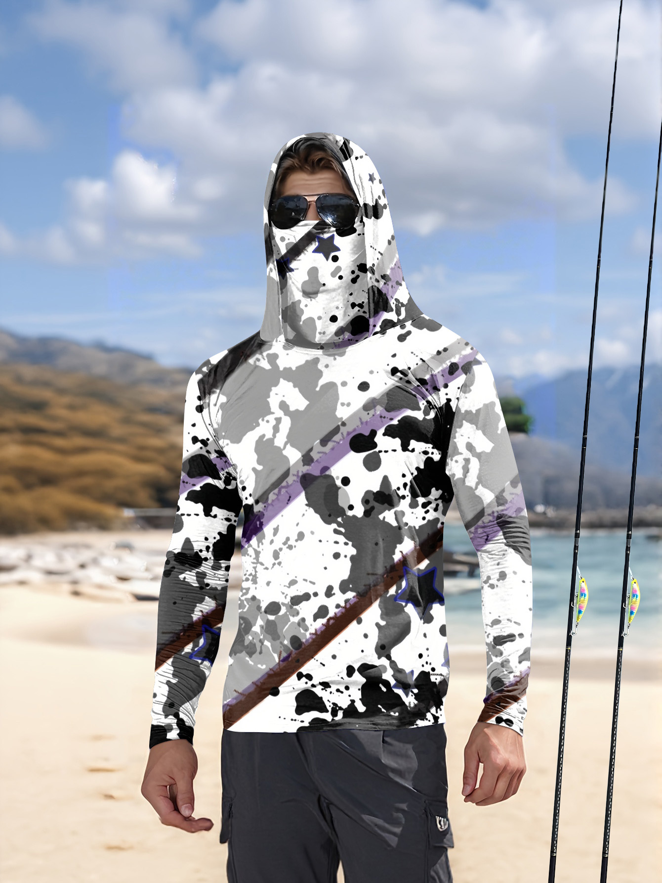 Fishing Shirt Uv Protection - Herren-Fischerhemd mit Kapuze, langärmelig, Angelbekleidung, Angel-T-Shirt,